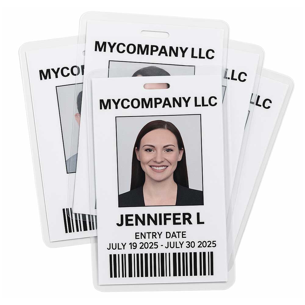 'custom laminated badge','cost saver ID badge','3.5 x 5 badge','event ID card','visitor pass badge','full-color printed badge','slot-punched badge','temporary ID card','conference credential badge','tradeshow badge','budget-friendly badge','laminated name tag','staff '