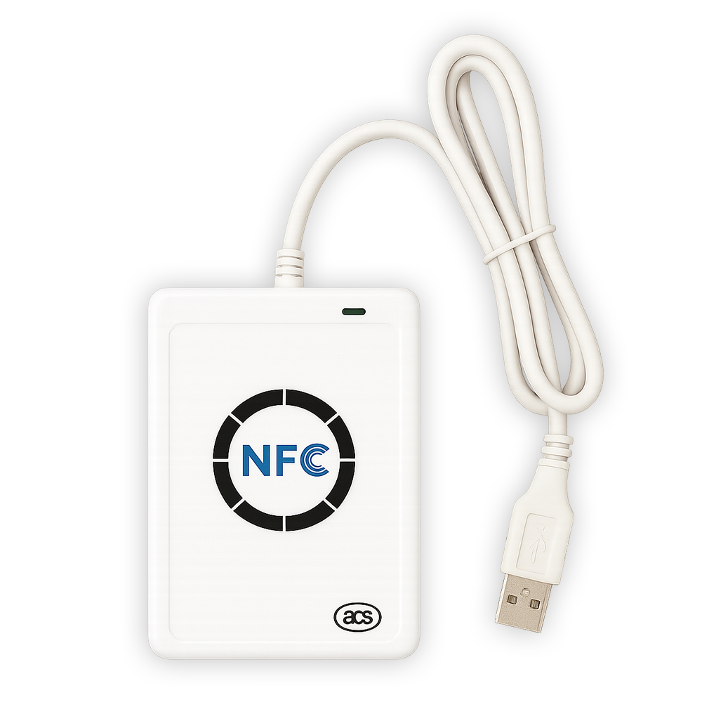 'USB NFC reader','contactless card reader','smart card writer','ACS NFC device','ISO 14443 card reader','MIFARE tag reader','NTAG encoder','DESFire card writer','NFC desktop reader','plug-and-play NFC reader','PC/SC compatible NFC','CCID smart card reader','NFC reader'