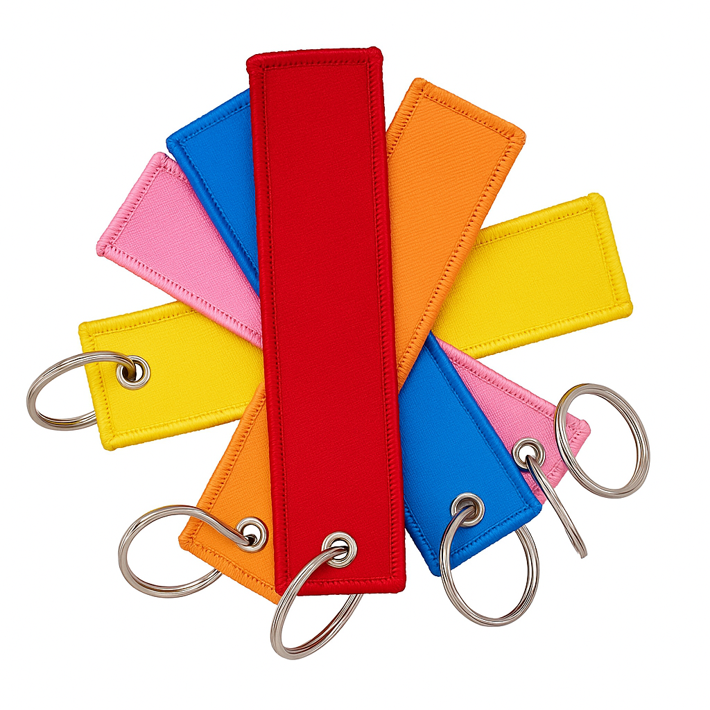 'fabric keychain tags','woven key tags','blank keychains for embroidery','colorful luggage tags','custom keychain accessories','durable key tags','metal ring keychains','personalized key tags','embroidered keychain blanks','promotional keychain tags','travel bag tag'